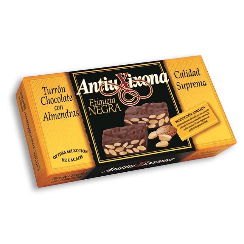 Turrón de Chocolate con Almendras Antiu Xixona Etiqueta Negra 200g-ChocolateSI-antiu xixona,Con Almendras,Con Leche,Sin Gluten,tabletas,turron