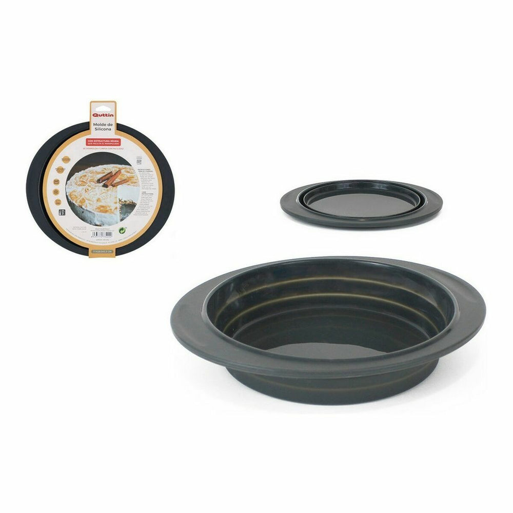 Un bol de silicona negro apto para microondas con tapa independiente, expuesto junto a su packaging, también versátil como Molde para Horno Quttin Silicona Rígido 31 x 28,5 x 5,3 cm (8 Unidades).