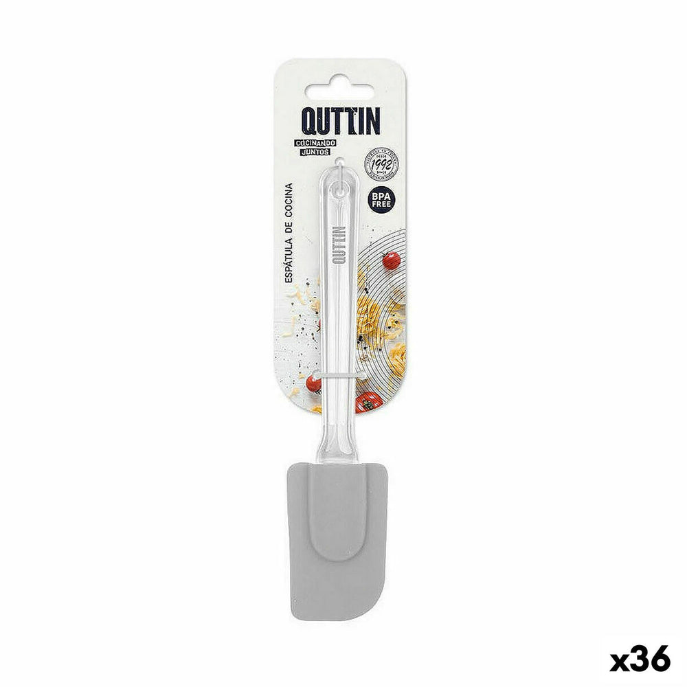 Espátula Quttin de la marca Quttin (36 Unidades) en su empaque, con cabezal de silicona gris y mango transparente. En el packaging destaca su material libre de BPA y su utilidad culinaria, perfecto para repostería. Cantidad: 36 unidades.