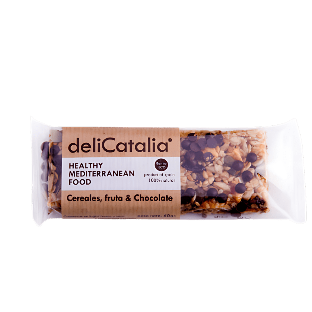 Barritas ecológicas de cereales, fruta y chocolate en expositor de 25 unidades - 50g de deliCatalia - chocolateSI.com