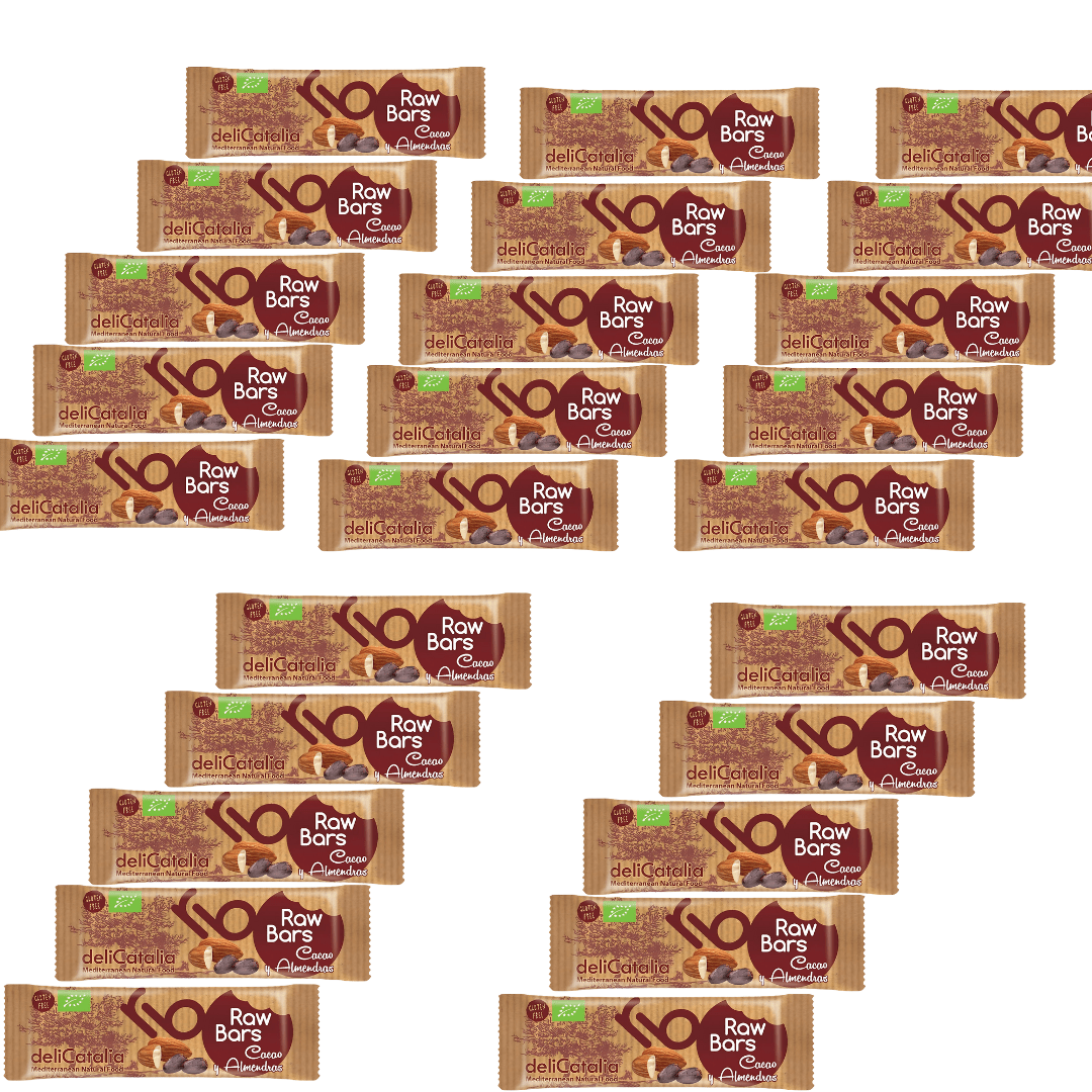 Barritas Ecológicas Raw de Cacao y Almendras Expositor 25 - Delicatalia (30g cada una) - chocolateSI.com