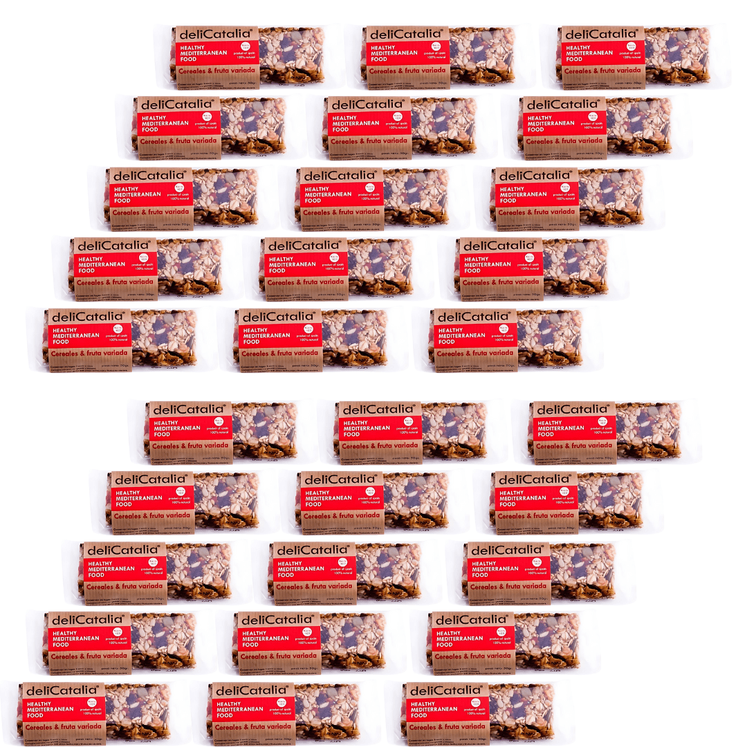 Barritas de Cereales y Fruta Variada Ecológicas Expositor de 30 - Delicatalia de 50gr - chocolateSI.com