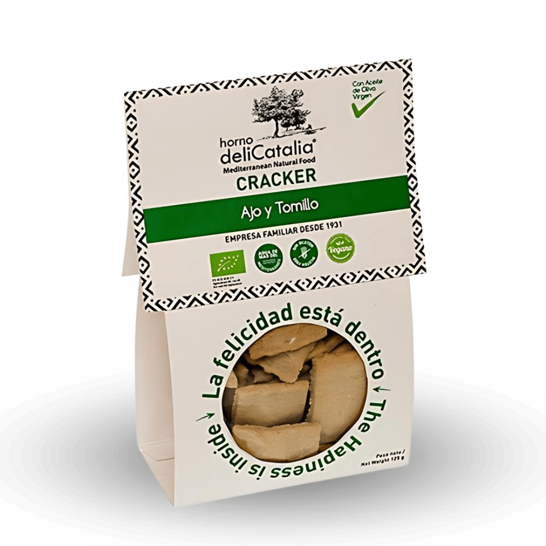 Crackers Ecologico Ajo y Tomillo Expositor de 12 - Delicatalia (125g cada paquete) - chocolateSI.com