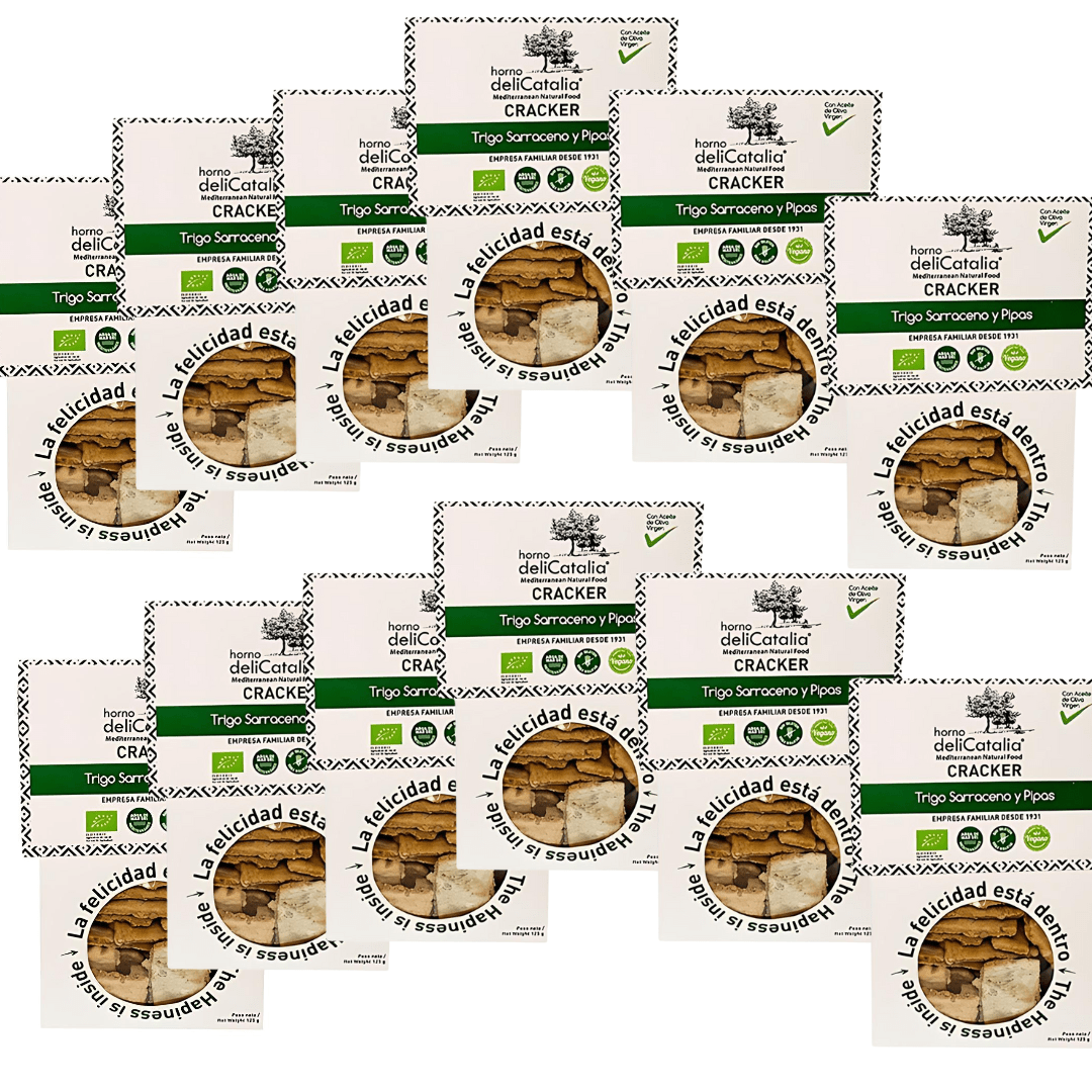 Crackers Ecologicos Trigo Sarraceno Y Pipas Expositor de 12 - Delicatalia 125g - chocolateSI.com