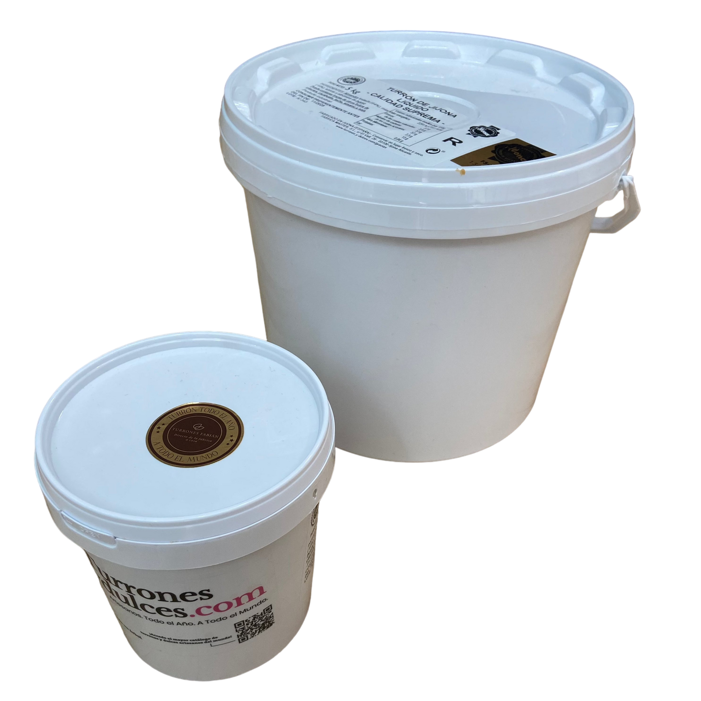 Sobre fondo blanco se muestran dos recipientes blancos de ChocolateSI, uno liso de 11 kg y otro etiquetado de 1 kg, ideales para almacenar Turrón líquido en pasta para helado y postres Jijona a granel (1 kg, 5 kg u 11 kg).