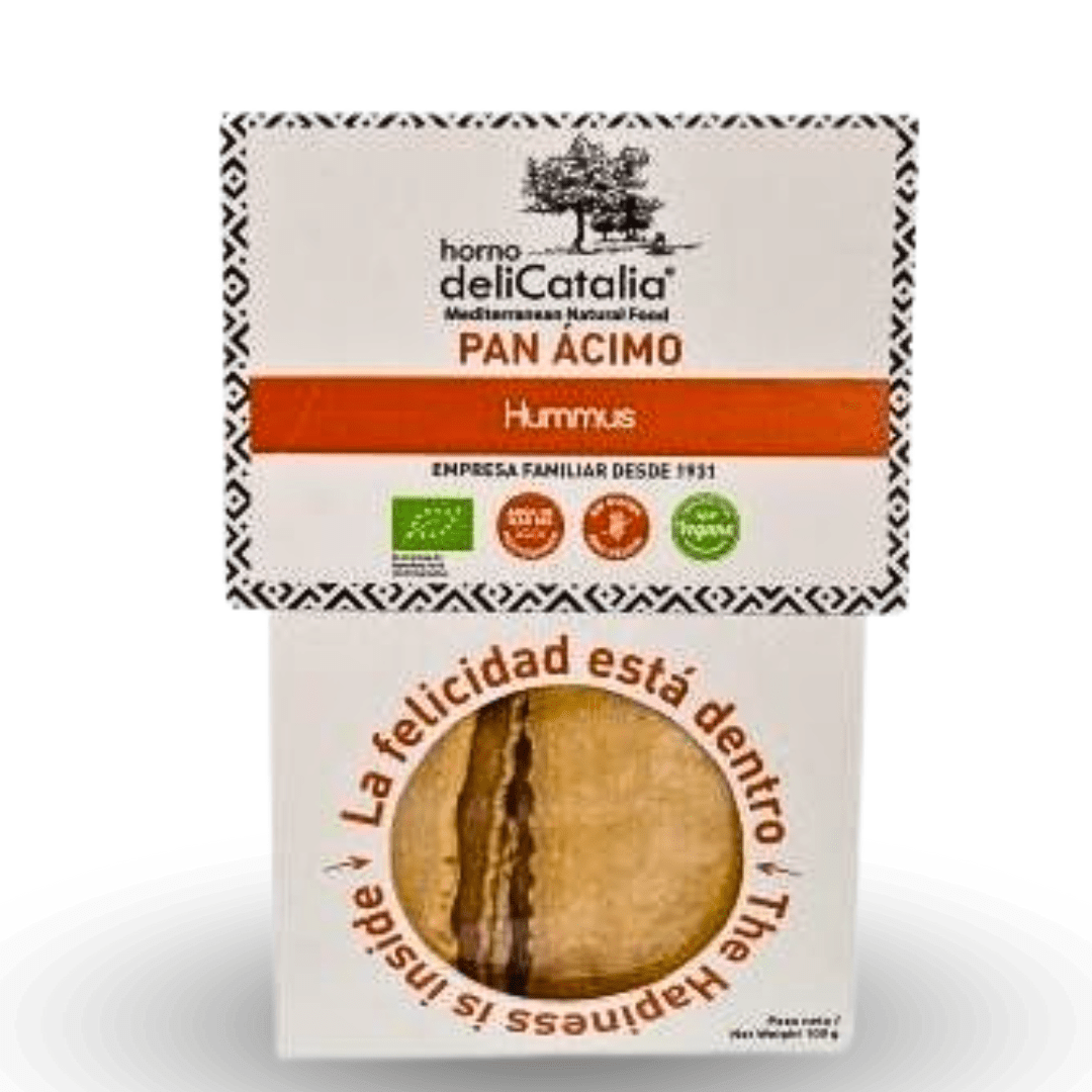 Pan Ácimo Hummus Ecológico - Expositor de 12 paquetes - Delicatalia (100g cada una) - chocolateSI.com