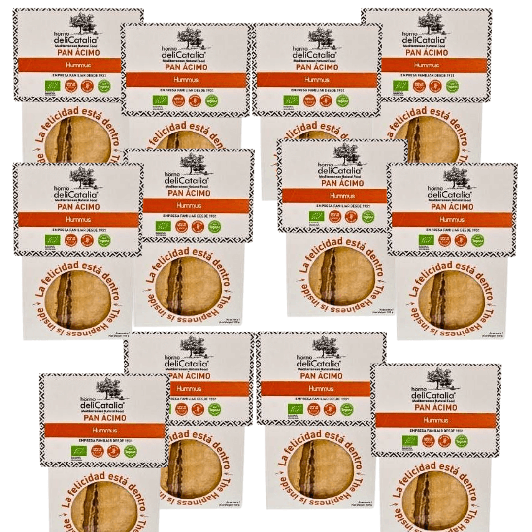 Pan Ácimo Hummus Ecológico - Expositor de 12 paquetes - Delicatalia (100g cada una) - chocolateSI.com