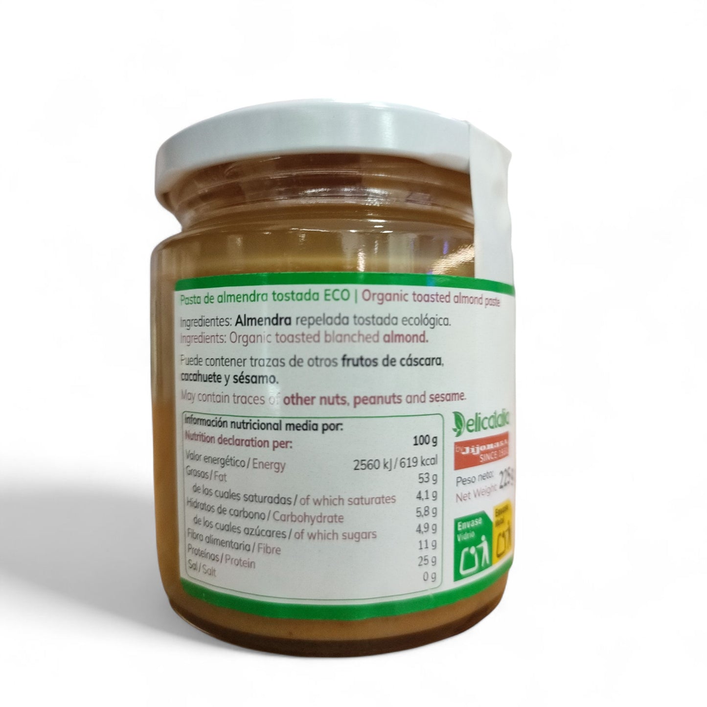 Un tarro de cristal de 225 g de Crema de Almendra Ecológica Tostada de deliCatalia, Jijona S.A. (Partida de Alequa s/n, Jijona, Alicante), con una etiqueta verde y blanca BIO sin gluten e información nutricional en español e inglés.