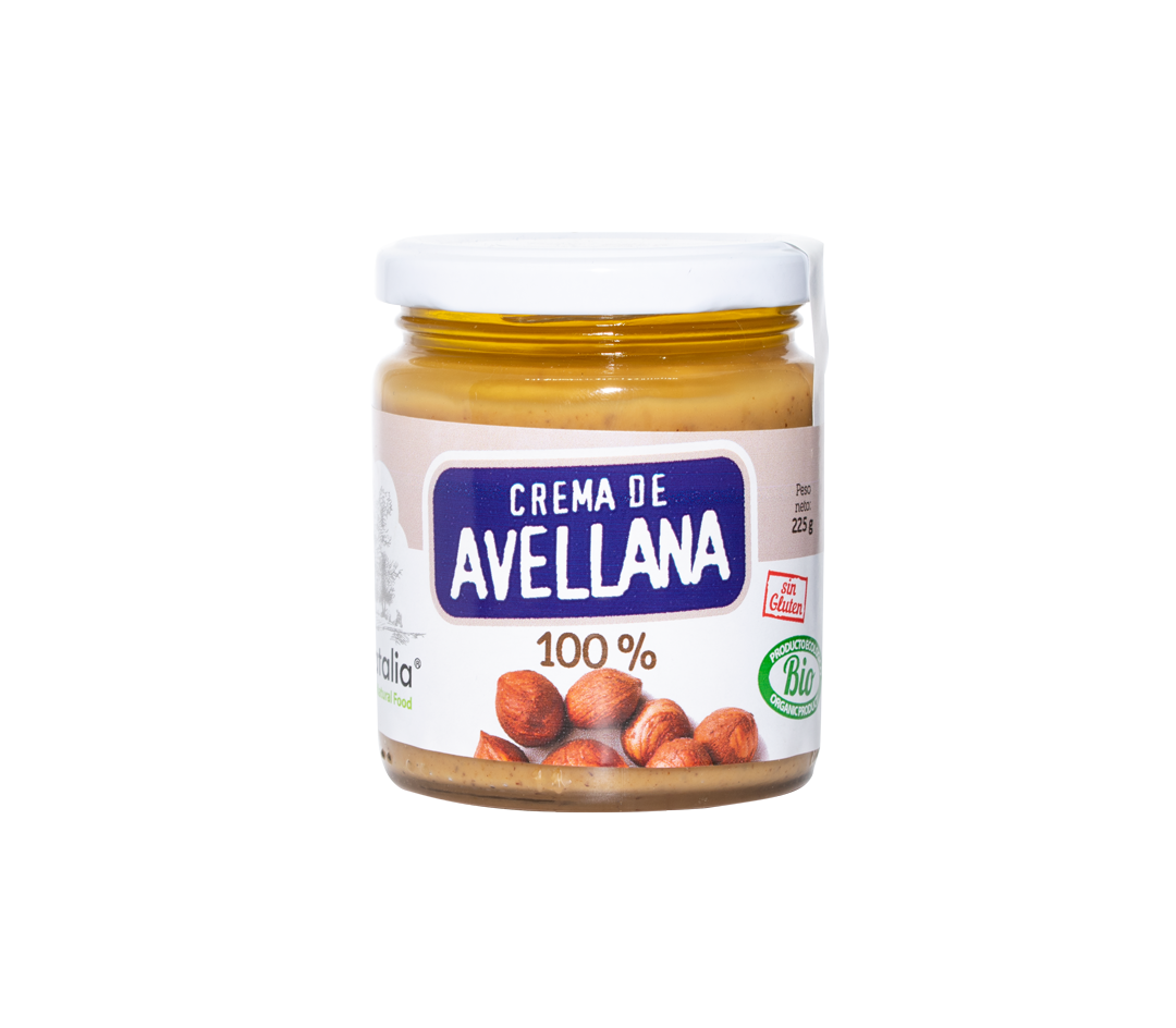 Tarro de cristal de 225g de Crema de Avellana Ecológica BIO Delicatalia de Jijona S.A. con tapa blanca, etiqueta española con imágenes de avellanas BIO y contiene crema de avellanas 100% sin gluten.