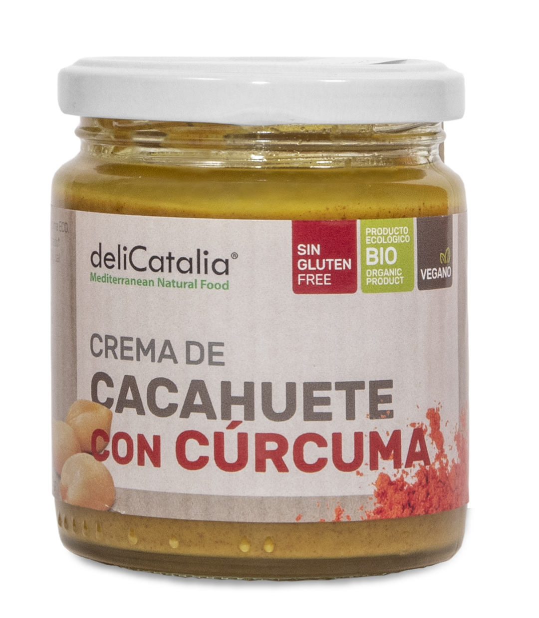 Un tarro de cristal de 225 g de deliCatalia Crema de Cacahuete con Cúrcuma de Jijona S.A., una crema de cacahuete con cúrcuma tostada ecológica, vegana y sin gluten.
