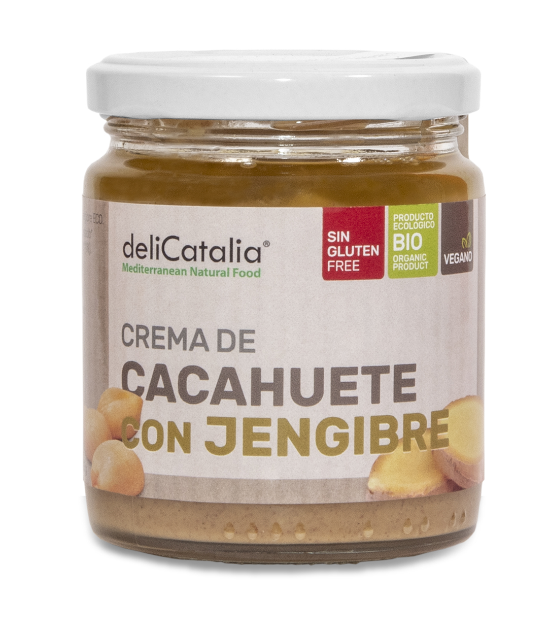 Un tarro de cristal de Crema de Cacahuete con Jengibre 225g deliCatalia, ecológica, vegana y sin gluten, de Jijona S.A. (Alicante), con imágenes de jengibre en la etiqueta.