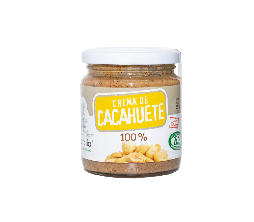 Tarro de cristal de 100% Crema de Cacahuete Tostado 225g de deliCatalia by Jijona S.A., Alicante, con tapa blanca, etiqueta "Crema de Cacahuete" e imagen de cacahuetes. Sin gluten.