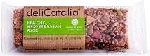 La Barrita ecológica de cereales, manzana y canela de DeliCatalia 40g de Jijona S.A. lleva cereales, pipas de calabaza, manzana y canela en un envoltorio transparente sin gluten, etiquetado como "Comida mediterránea saludable".