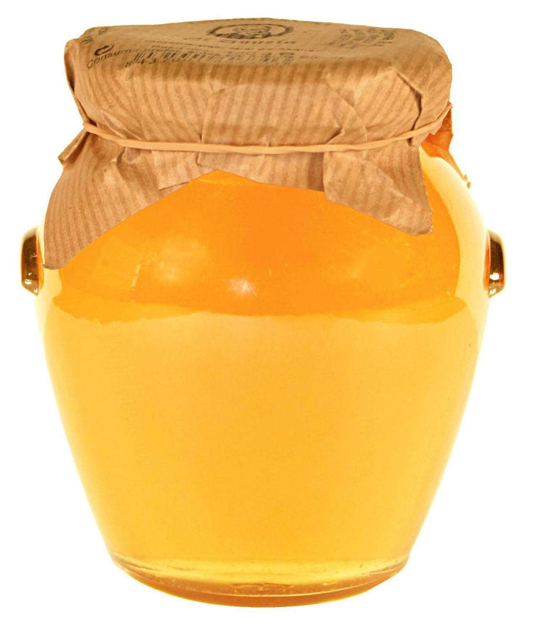 Un tarro de cristal de Miel de Romero 400g de Jijona S.A. - Partida de Alequa s/n, Jijona, Alicante, lleno de pura miel dorada y sellado con una tapa de papel marrón atada en la parte superior.