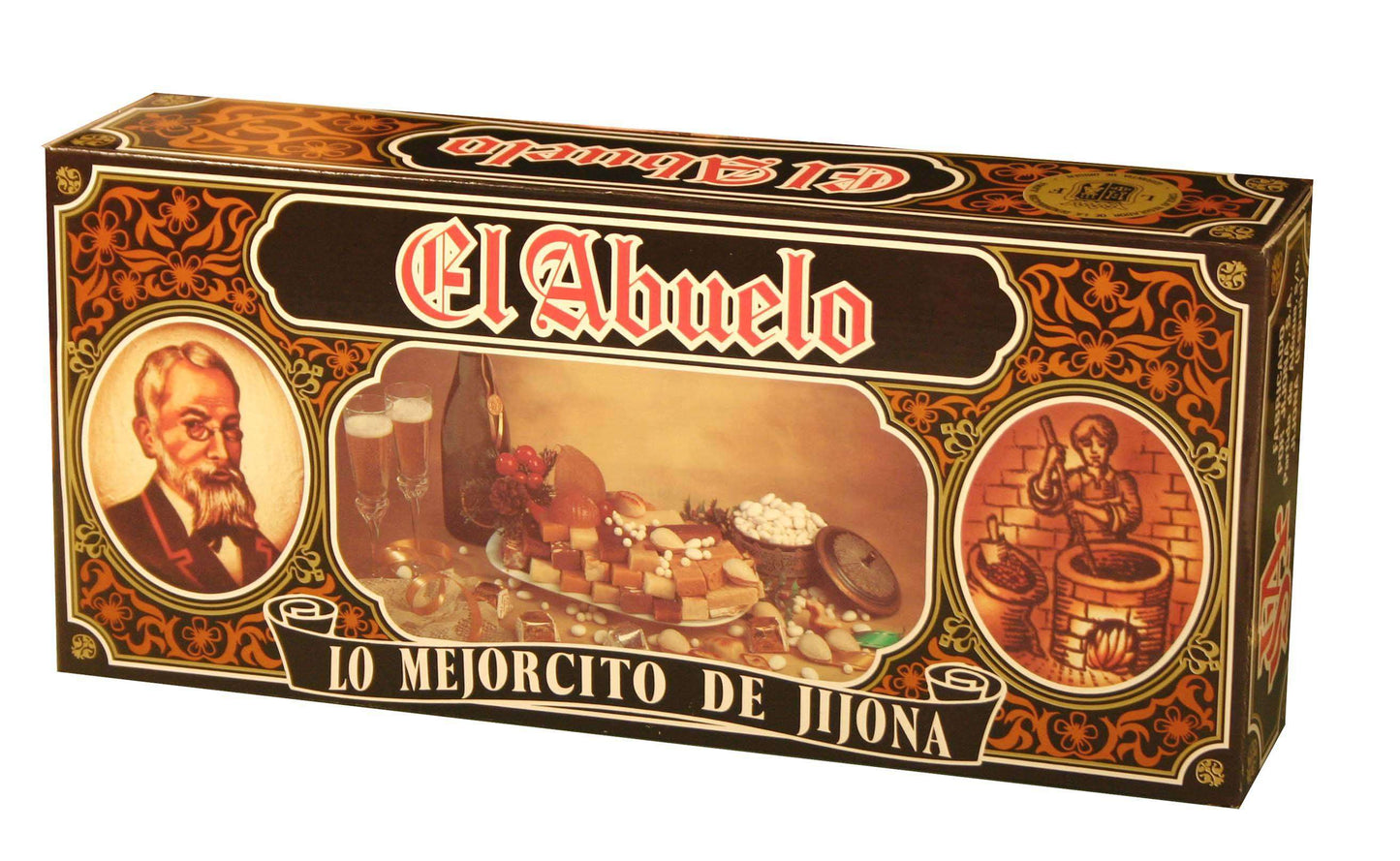Lote 3 - Estuche de cartón El Abuelo de Jijona S.A. presenta una caja rectangular ornamentada con el retrato de un anciano, un plato de dulces variados como Turrón Jijona y Polvorones, e ilustraciones decorativas.