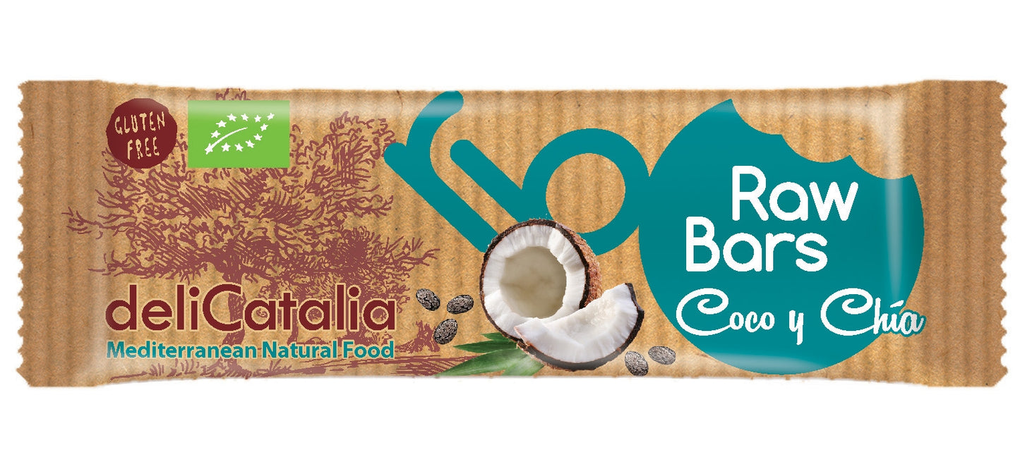 El envoltorio de una barrita energética DeliCatalia de Jijona S.A. muestra coco, chía, una etiqueta sin gluten, "Barrita Ecológica" y texto: "Coco y Chía" y "Alimentación Natural Mediterránea". Expositor de 25 barritas de 40g.