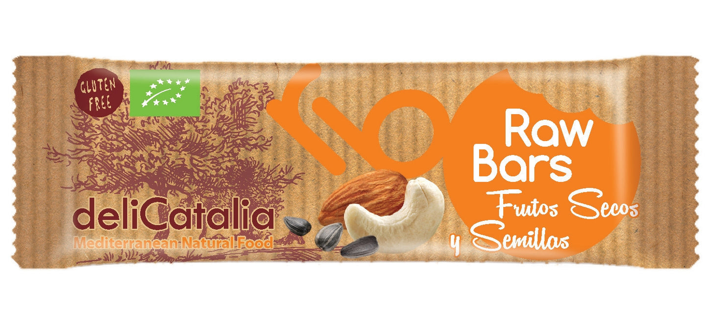 Una Barrita ecológica Raw de Frutos secos y semillas de deliCatalia 30g envuelta de Jijona S.A., con imágenes de semillas de anacardo, almendra y girasol, etiquetada "Sin Gluten". Perfecto para los amantes de las semillas y frutos secos.