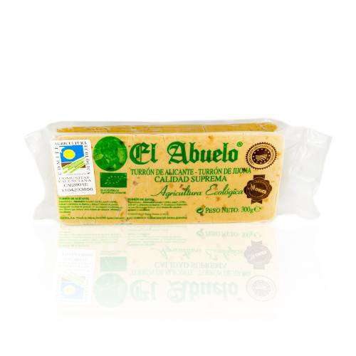 Turrón Alicante Ecológico El Abuelo 300g de Jijona S.A., con texto verde y dorado, logotipos de certificación, etiquetado ecológico y calidad suprema, elaborado con almendra ecológica.