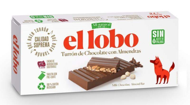 Turrón de chocolate con almendras - El Lobo - 250 g-ChocolateSI-Con Almendras,Con Leche,Sin Gluten,tabletas,turron