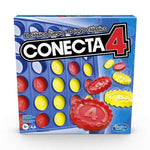 Caja del "Juego de mesa Connect 4 Hasbro", con piezas de juego rojas y amarillas con una cuadrícula azul. El texto de la caja está en español y portugués y lo etiqueta como un juego de mesa clásico.