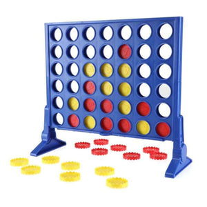 Un juego de mesa Connect 4 de Hasbro con una cuadrícula vertical de color azul. La cuadrícula contiene una mezcla de discos rojos y amarillos, con varios discos más dispersos en la base. Este clásico juego de Hasbro promete diversión sin fin para todas las edades.