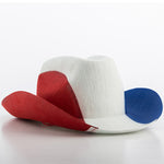 Un "Sombrero de Cowboy Bandera de Francia Th3 Party" de BigBuy Party, que muestra secciones tricolores de rojo, blanco y azul, está colocado sobre un fondo blanco liso, que recuerda a la Bandera de Francia.