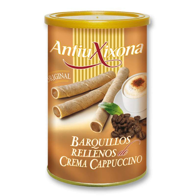 Caja de 12 latas de barquillos rellenos de crema de cappuccino-ChocolateSI-Avellanas,Barquillos,Cacao en Polvo,Cajas,Crema,Crujiente,Pasta de Cacao