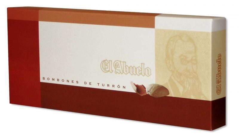 Caja rectangular de Bombones rellenos turrón Jijona de Jijona S.A., con diseño minimalista de frutos secos y sutil retrato a la derecha, ideal para regalar en cualquier ocasión.