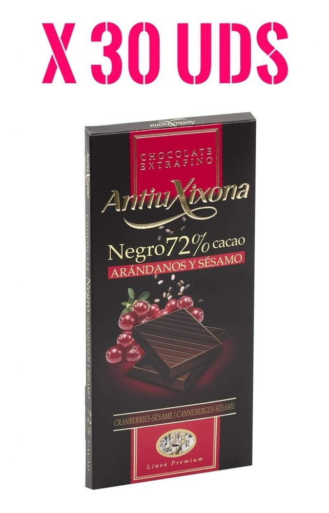 Chocolate Negro 72% con Arándanos y Sésamo Antiu Xixona Premium en Caja de 30 unidades-ChocolateSI-70%,antiu xixona,Cajas,Chocolate Negro,Con Arandanos,Sin Gluten,tabletas