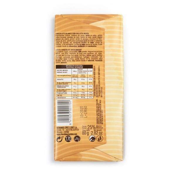 Chocolate Blanco con Galleta María 80g - Chocolates Clavileño-chocolates clavileno-Chocolate Blanco,chocolates clavileno,galleta,Sin Gluten,tabletas