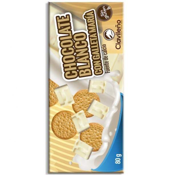 Chocolate Blanco con Galleta María 80g - Chocolates Clavileño-chocolates clavileno-Chocolate Blanco,chocolates clavileno,galleta,Sin Gluten,tabletas