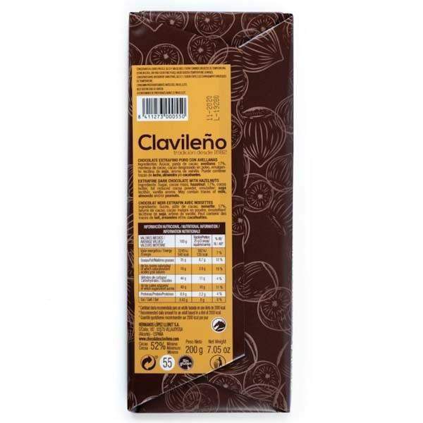 Chocolate Negro 52% Cacao y Avellana 200g - El Clavileño-chocolates clavileno-Avellanas,Chocolate Negro,Con Frutos Secos,El Clavileño,Sin Gluten,tabletas