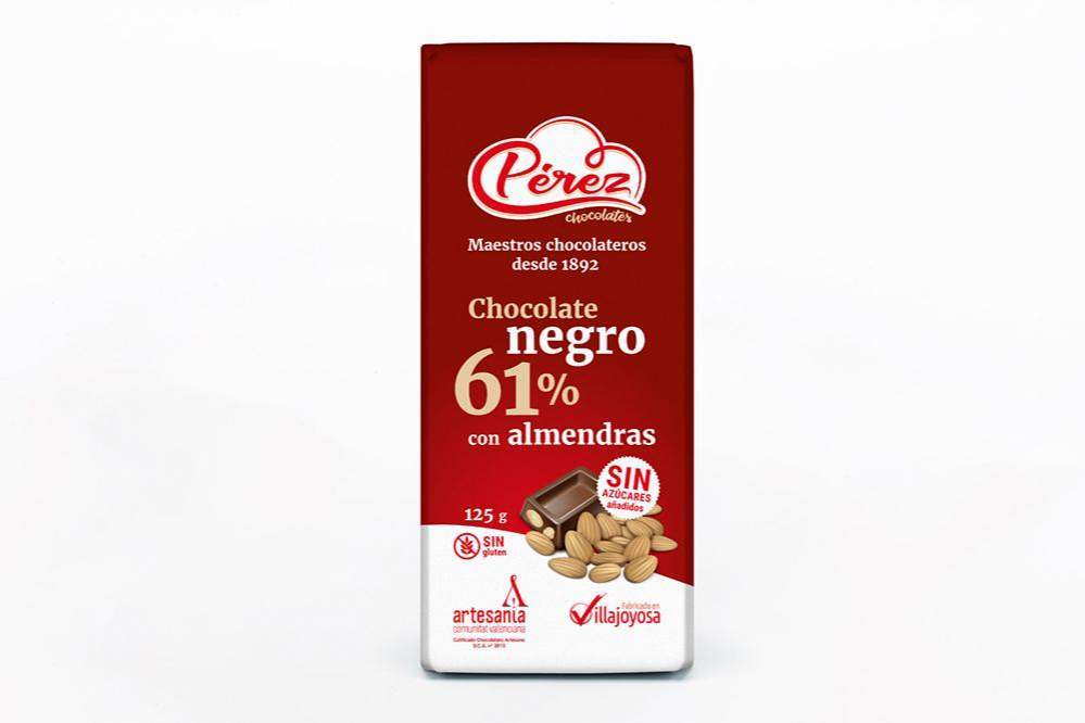 Chocolate Negro con Almendras 61% Sin Azúcares Añadidos 125g - Chocolates Pérez - chocolateSI.com