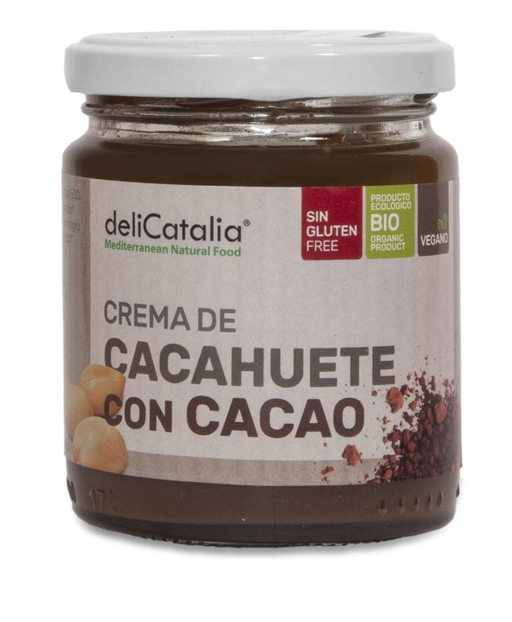 Un tarro de 225 g de Crema de Cacahuete con Cacao de Jijona S.A., elaborada con cacao tostado ecológico y pasta de cacahuete, certificada sin gluten, ecológica y vegana.
