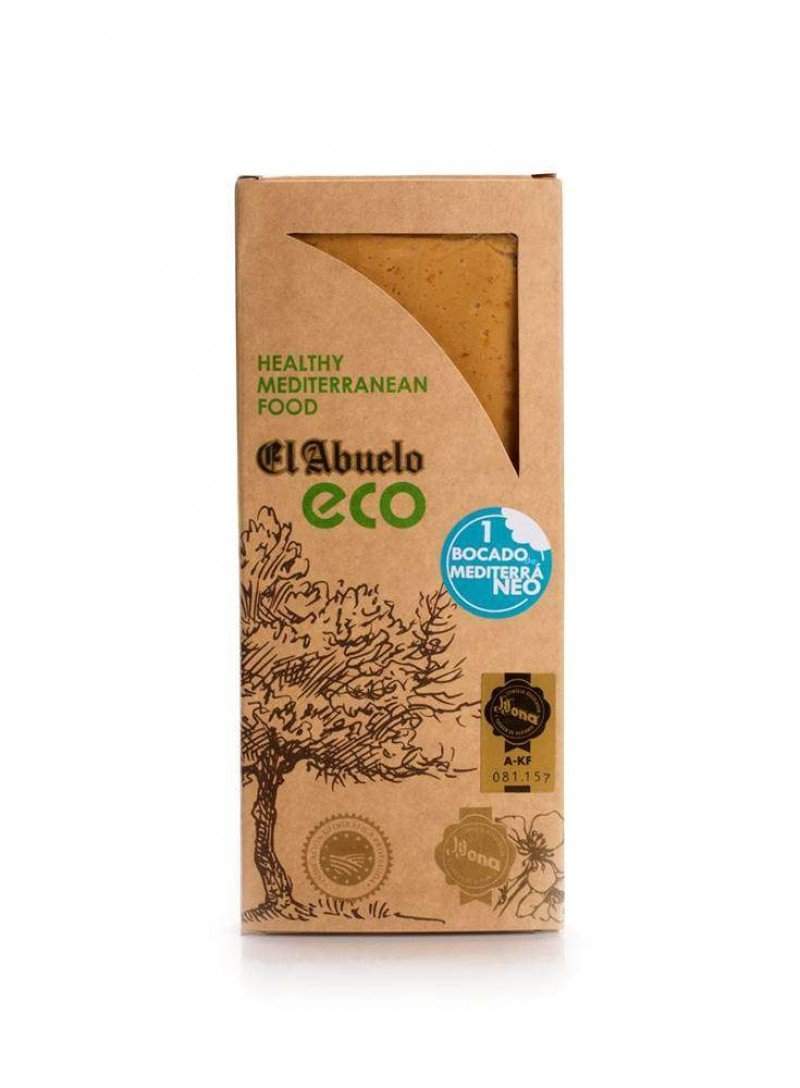 Turrón Jijona Ecológico Granulado El Abuelo 200 grs. de Jijona S.A. (Alicante) se presenta en un envase ecológico con ilustraciones frontales y etiquetas, ofreciendo auténtico y saludable turrón ecológico para un delicioso capricho mediterráneo.