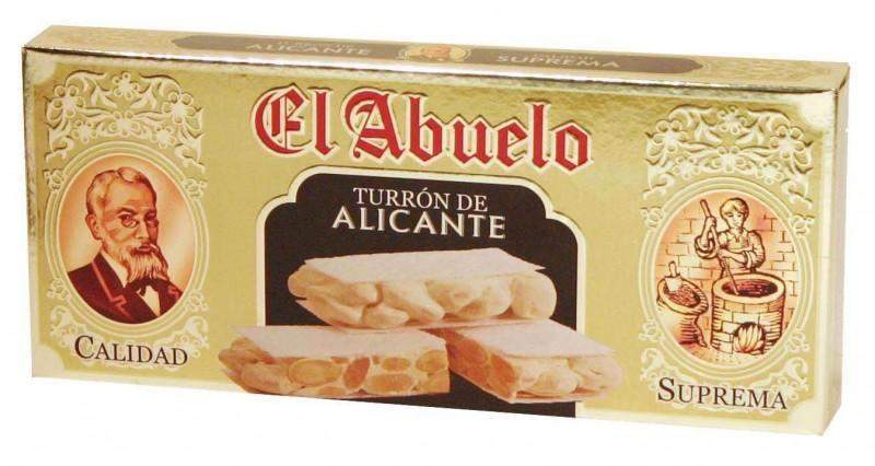 Caja de Turrón Alicante El Abuelo duro 300 gramos de Jijona S.A., con turrón artesano con almendras, imágenes de un hombre mayor y una mujer haciendo turrón, etiquetado "Calidad Suprema.