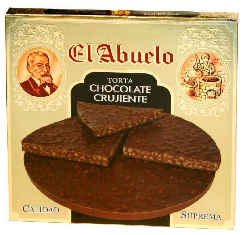 Caja de "Torta Chocolate Crujiente 150 gr" de Jijona S.A. (Partida de Alequa s/n, Jijona, Alicante), con imágenes de un anciano y una anciana haciendo chocolate, con tres piezas de chocolate con arroz inflado en el anverso.