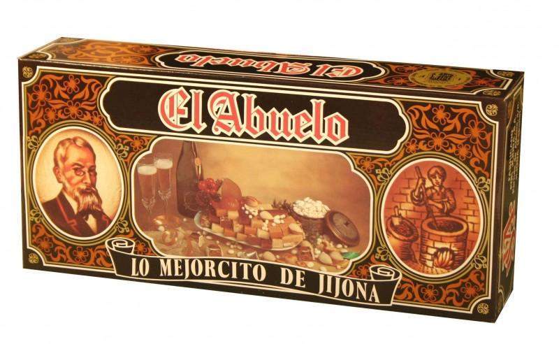 Lote 6 - Estuche cartón dorado de Jijona S.A. presenta una festiva caja dorada, ideal para regalar o añadir a un lote de regalo con polvorones clásicos. Perfecta presentación de Jijona, Alicante.