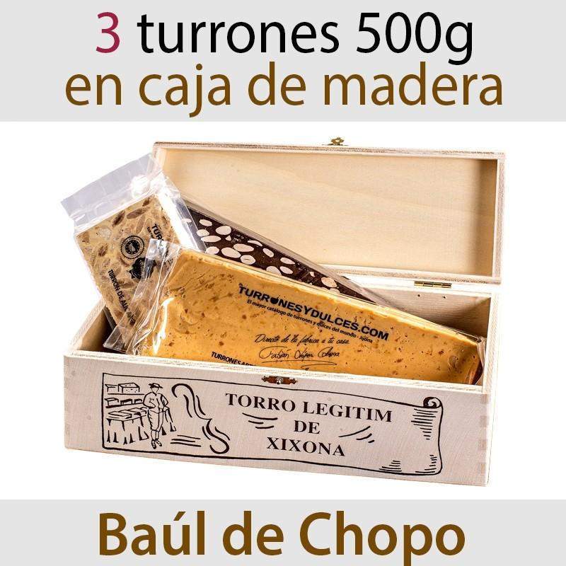Lote de 3 Turrones de 500 gramos en Baúl de Chopo (Jijona, Alicante,Chocolate c/Almendras)-ChocolateSI-Blandos,Cajas,Con Almendras,Duro,Grandes,Lotes,Sin Gluten,Sin Lactosa,turrones artesanos