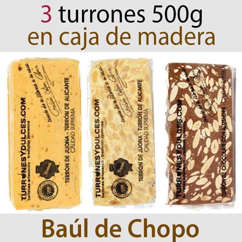 Lote de 3 Turrones de 500 gramos en Baúl de Chopo (Jijona, Alicante,Chocolate c/Almendras)-ChocolateSI-Blandos,Cajas,Con Almendras,Duro,Grandes,Lotes,Sin Gluten,Sin Lactosa,turrones artesanos
