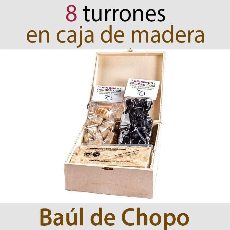 Lote de 8 Turrones Artesanos en Baúl de Chopo-ChocolateSI-Blandos,Cajas,Con Almendras,Con Frutas,Duro,Estuches,Grandes,Lotes,Mazapanes,Sin Gluten,Sin Lactosa,Turrones artesanos