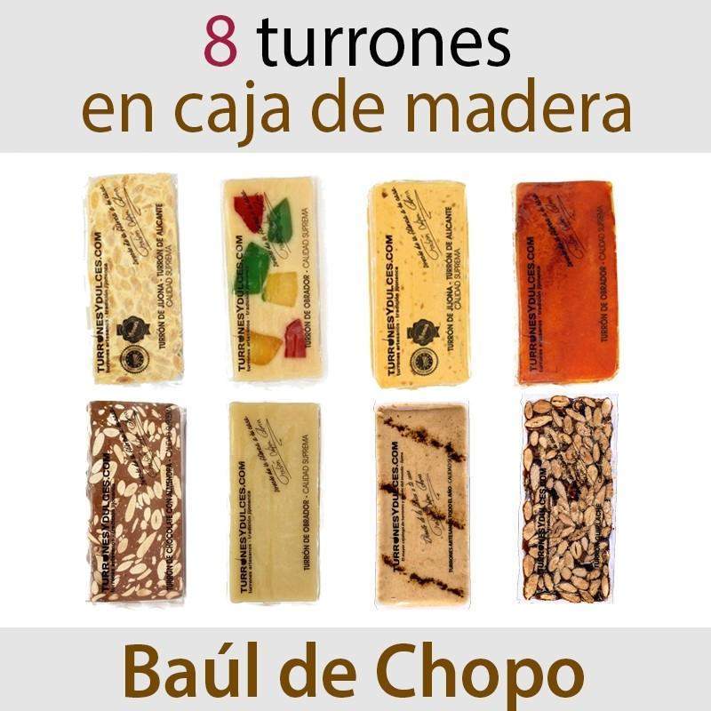 Lote de 8 Turrones Artesanos en Baúl de Chopo-ChocolateSI-Blandos,Cajas,Con Almendras,Con Frutas,Duro,Estuches,Grandes,Lotes,Mazapanes,Sin Gluten,Sin Lactosa,Turrones artesanos
