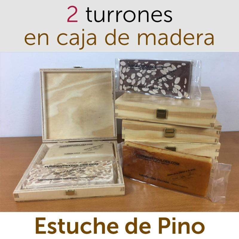 Lote de 2 Turrones Artesanos en Estuche de Pino (Jijona y Alicante)-ChocolateSI-Blandos,Cajas,Con Almendras,Duro,Estuches,Grandes,Lotes,Sin Gluten,Sin Lactosa,turrones artesanos