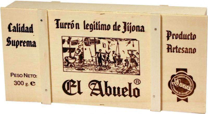 Caja de madera de Turrón Jijona 300 g El Abuelo de Jijona S.A. (Alicante), con texto e ilustraciones en español, rellena de turrón artesano de primera calidad elaborado con almendra Marcona, auténtico Turrón de Jijona.
