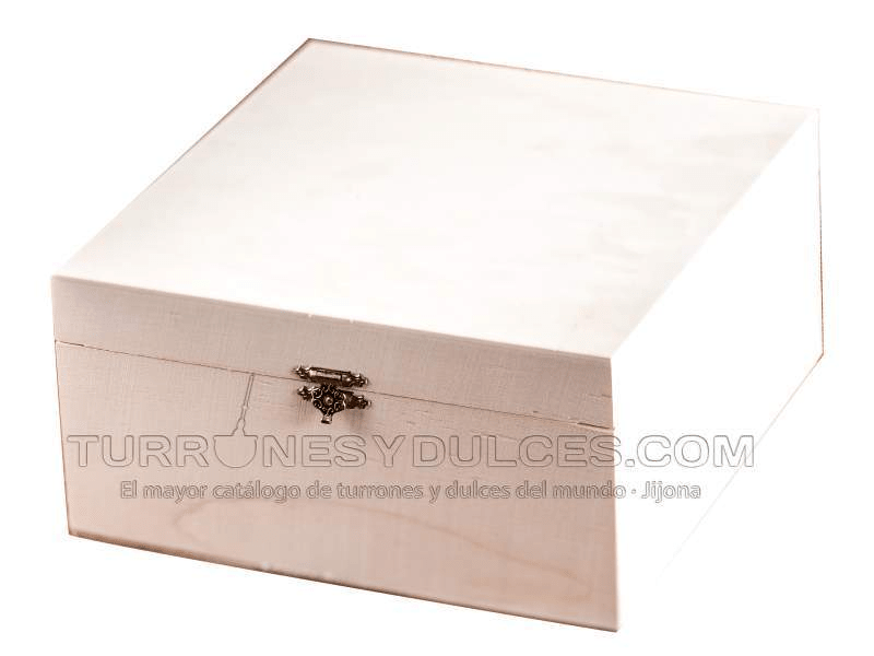 Caja de madera con tapa para 6 u 8 turrones (vacía) - Madera Natural de Chopo - 20cm x 20cm x 10cm - Visagras y Cierre Doradas - chocolateSI.com