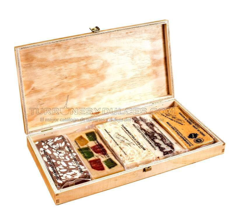 Caja de madera con tapa para 5 turrones (vacía) - Madera Natural de Pino Barnizada - Formato Estuche con visagras doradas-ChocolateSI-Blandos,Cajas,Con Almendras,Con Frutas,Duro,Estuches,Lotes,Sin Gluten,turrones artesanos