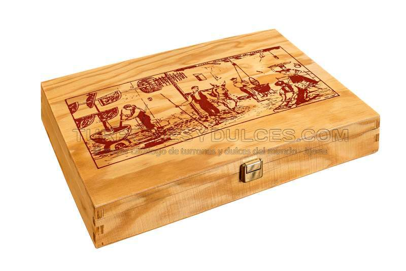 Caja de madera con tapa para 3 turrones (vacía) - Madera Natural de Pino Barnizada - Formato Estuche con visagras doradas-ChocolateSI-Blandos,Cajas,Duro,Estuches,Lotes,turrones artesanos