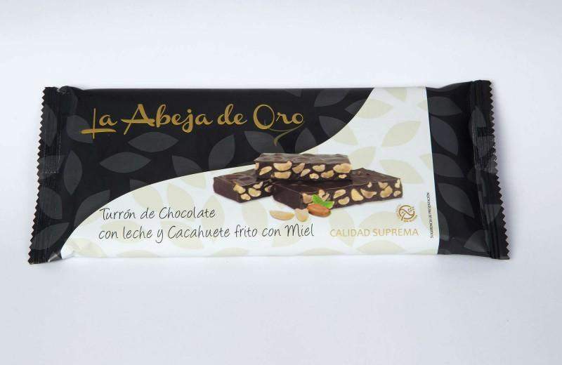 Turrón de Chocolate con Cacahuete frito y Miel 200g La Abeja de Oro-ChocolateSI-Avellanas,Con Almendras,Con Cacahuete,Manteca de Cacao,Pasta de Cacao,Sin Gluten