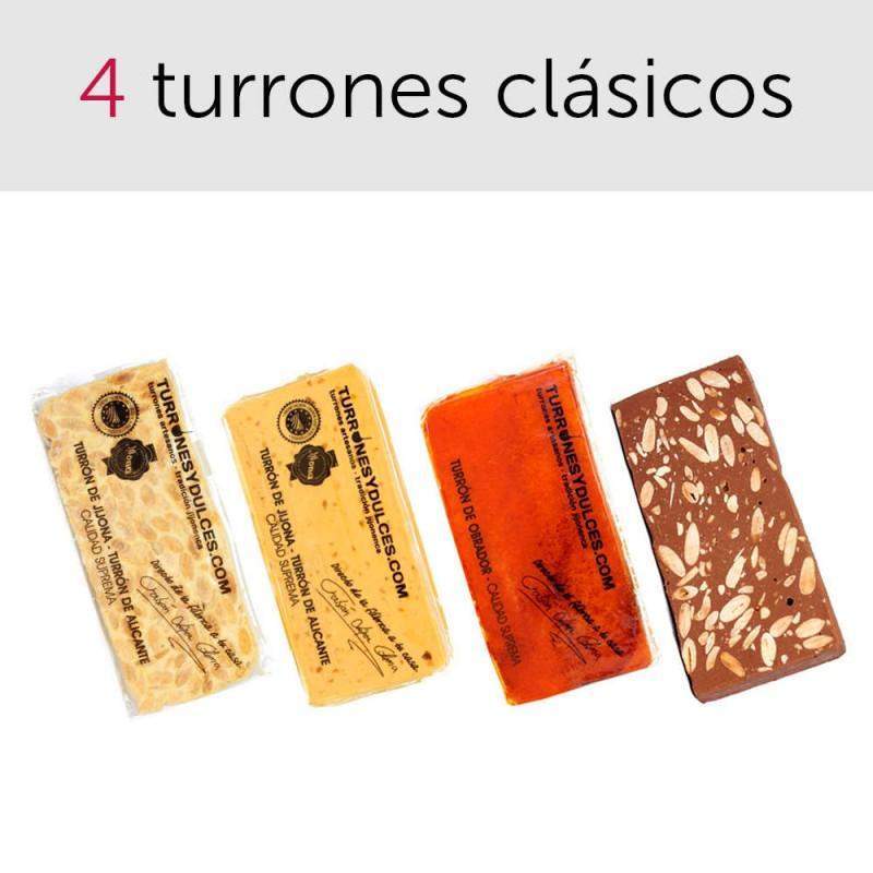 Pack de turrones clásicos: Jijona (blando), Alicante (duro), Yema Tostada y turrón de Chocolate con Almendras (con leche o puro)-ChocolateSI-Blandos,Con Almendras,Duro,Lotes,Manteca de Cacao,Navidad,turrones artesanos