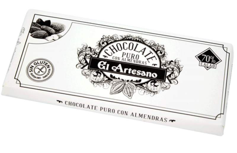 Tableta de Chocolate puro 70% cacao con Almendras 150g - El Artesano-ChocolateSI-Chocolate Negro,Con Almendras,el artesano,Sin Gluten,tabletas